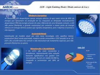 LED – Light Emitting Diode ( Diodo emissor de Luz )
As lâmpadas LED desperdiçam pouca energia elétrica, já que usam cerca de 80% da
energia que consomem na produção de luz, enquanto as lâmpadas incandescentes
desperdiçam 95% da energia através do calor. Diferente de uma lâmpada comum, o LED
não possui filamento, o grande responsável por converter a maior parte da energia
elétrica em energia térmica (calor) que significa desperdício, pois o objetivo é iluminar e
não aquecer;
• Os LED’s são mais resistentes e
duradouros, representando uma redução
bastante significativa nos gastos com
manutenção. Duram em média 50.000 hs,
chegando a economizar até 90% de
energia.
Vida Útil
LED
Incandescente
Comum
Halógenas
Descarga de Alta
Pressão
Descargas
Fluorescentes
Substituição do modelo atual por esta nova tecnologia, LED, significa menos
combustível fóssil sendo queimado, madeira sendo consumida e CO2 lançado no ar. Os
LED’s são considerados lixo comum e não necessitam de tratamento especial, pois não
possuem filamentos ou gases;
 