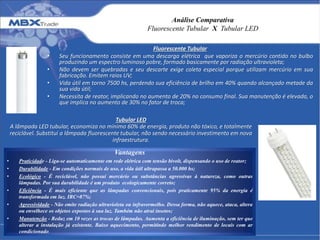 Análise Comparativa
Fluorescente Tubular X Tubular LED
Fluorescente Tubular
• Seu funcionamento consiste em uma descarga elétrica que vaporiza o mercúrio contido no bulbo
produzindo um espectro luminoso pobre, formado basicamente por radiação ultravioleta;
• Não devem ser quebradas e seu descarte exige coleta especial porque utilizam mercúrio em sua
fabricação. Emitem raios UV;
• Vida útil em torno 7500 hs, perdendo sua eficiência de brilho em 40% quando alcançado metade da
sua vida útil;
• Necessita de reator, implicando no aumento de 20% no consumo final. Sua manutenção é elevada, o
que implica no aumento de 30% no fator de troca;
Tubular LED
A lâmpada LED tubular, economiza no mínimo 60% de energia, produto não tóxico, e totalmente
reciclável. Substitui a lâmpada fluorescente tubular, não sendo necessário investimento em nova
infraestrutura.
Vantagens
• Praticidade - Liga-se automaticamente em rede elétrica com tensão bivolt, dispensando o uso de reator;
• Durabilidade - Em condições normais de uso, a vida útil ultrapassa a 50.000 hs;
• Ecológico - É reciclável, não possui mercúrio ou substâncias agressivas à natureza, como outras
lâmpadas. Por sua durabilidade é um produto ecologicamente correto;
• Eficiência - É mais eficiente que as lâmpadas convencionais, pois praticamente 95% da energia é
transformada em luz. IRC=87%;
• Agressividade - Não emite radiação ultravioleta ou infravermelho. Dessa forma, não aquece, ataca, altera
ou envelhece os objetos expostos à sua luz. Também não atrai insetos;
• Manutenção - Reduz em 10 vezes as trocas de lâmpadas. Aumenta a eficiência de iluminação, sem ter que
alterar a instalação já existente. Baixo aquecimento, permitindo melhor rendimento de locais com ar
condicionado.
 