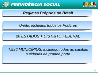 Regimes Próprios no Brasil


      União, incluidos todos os Poderes

    26 ESTADOS + DISTRITO FEDERAL


1.936 MUNICÍPIOS, incluindo todas as capitais
        e cidades de grande porte



                                                11
 