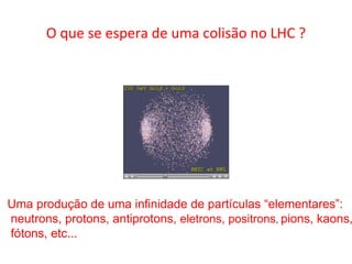 O que se espera de uma colisão no LHC ? Uma produção de uma infinidade de partículas “elementares”: neutrons, protons, antiprotons,  eletrons, positrons ,  pions, kaons, fótons, etc... 