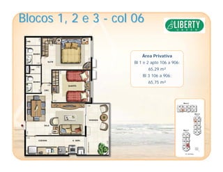 Blocos 1, 2 e 3Blocos 1, 2 e 3 -- col 06col 06
Área Privativa
Bl 1 e 2 apto 106 a 906:
65,29 m²
Bl 3 106 a 906:
65,75 m²
 