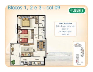 Blocos 1, 2 e 3Blocos 1, 2 e 3 -- col 09col 09
Área Privativa
Bl 1 e 2 apto 109 a 909:
65,27 m²
Bl 3 109 a 909:
66,05 m²
 