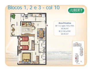 Blocos 1, 2 e 3Blocos 1, 2 e 3 -- col 10col 10
Área Privativa
Bl 1 e 2 apto 110 a 910:
65,56 m²
Bl 3 110 a 910:
65,93 m²
 