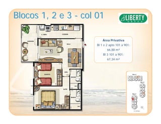 Blocos 1, 2 e 3Blocos 1, 2 e 3 -- col 01col 01
Área Privativa
Bl 1 e 2 apto 101 a 901:
66,88 m²
Bl 3 101 a 901:
67,34 m²
 
