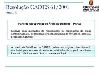 Resolução CADES 61/2001
Anexo I:


           Plano de Recuperação de Áreas Degradadas – PRAD:

   Exigível para atividades de recuperação ou reabilitação de áreas
   contaminadas ou degradadas, em consequência de atividades, obras ou
   processos naturais;



   A critério da SMMA ou do CADES, poderá ser exigido o licenciamento
   ambiental para empreendimentos ou atividades de impacto ambiental
   local não relacionados no Anexo I a esta resolução.
 
