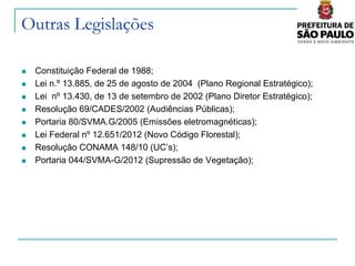 Outras Legislações

   Constituição Federal de 1988;
   Lei n.º 13.885, de 25 de agosto de 2004 (Plano Regional Estratégico);
   Lei nº 13.430, de 13 de setembro de 2002 (Plano Diretor Estratégico);
   Resolução 69/CADES/2002 (Audiências Públicas);
   Portaria 80/SVMA.G/2005 (Emissões eletromagnéticas);
   Lei Federal nº 12.651/2012 (Novo Código Florestal);
   Resolução CONAMA 148/10 (UC’s);
   Portaria 044/SVMA-G/2012 (Supressão de Vegetação);
 