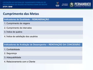 LICITAÇÃO DO STPP/RMR
Indicadores de Qualidade – REMUNERAÇÃO
1. Cumprimento de viagens
2. Cumprimento de intervalos
3. Índice de quebra
4. Índice de satisfação dos usuários
Indicadores de Avaliação de Desempenho – RENOVAÇÃO DA CONCESSÃO
1. Confiabilidade
2. Segurança
3. Adequabilidade
4. Relacionamento com o Cliente
Cumprimento das Metas
 