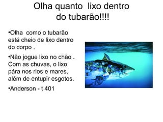 Olha quanto lixo dentro 
do tubarão!!!! 
●Olha como o tubarão 
está cheio de lixo dentro 
do corpo . 
●Não jogue lixo no chão . 
Com as chuvas, o lixo 
pára nos rios e mares, 
além de entupir esgotos. 
●Anderson - t 401 
 