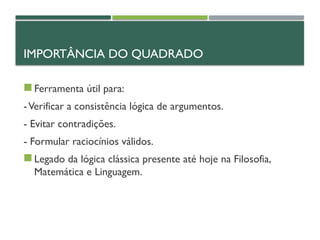 IMPORTÂNCIA DO QUADRADO
 Ferramenta útil para:
-Verificar a consistência lógica de argumentos.
- Evitar contradições.
- Formular raciocínios válidos.
 Legado da lógica clássica presente até hoje na Filosofia,
Matemática e Linguagem.
 