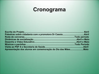 Cronograma


Escrita do Projeto.............................................................................................. Abril
Palestras sobre cidadania com a promotora Dr Cassia..................................Abril
Roda de conversa................................................................................Todo período
Dinâmicas de socialização.....................................................................Abril e Maio
Desenho e Vídeo Educativo...................................................................Abril e Maio
Músicas e paródias..............................................................................Todo Período
Visita ao PSF 8 e Secretaria de Saúde.............................................................Abril
Apresentação dos alunos em comemoração do Dia das Mães.....................Maio
 