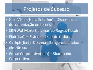 Projetos de Sucesso
• HexaVision(Hexa Solution) – Sistema de
documentação de fontes
• SRF(Wal-Mart) Sistemas de Regras Fiscais.
• Fluir(Itaú) – Sistema de controladoria.
• Cockpit(Itaú)- Sistemas de agencia e caixa
eletrônico.
• Portal Corporativo(Itaú) – Sharepoint
Corporativo

 