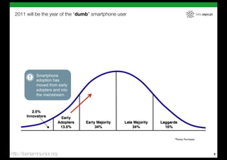 2011 will be the year of the “dumb” smartphone user                       labs.sapo.pt




             Smartphone
             adoption has
             moved from early
             adopters and into
             the mainstream.




                                                        *Fonte: Forrester




http://benjaminjunior.org                                                                  4
 