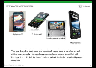 smartphones become smarter                                                             labs.sapo.pt




         LG Optimus 3D      LG Optimus X2

                                            Sony Ericsson Xperia PLAY

                                                                        Motorola Atrix




     !  The new breed of dual-core and eventually quad-core smartphones will
        deliver dramatically improved graphics and app performance that will
        increase the potential for these devices to hurt dedicated handheld game
        consoles.

http://benjaminjunior.org                                                                               5
 