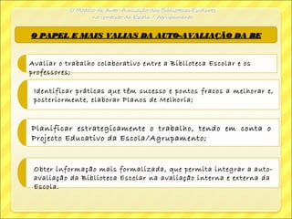 O PAPEL E MAIS VALIAS DA AUTO-AVALIAÇÃO DA BEO PAPEL E MAIS VALIAS DA AUTO-AVALIAÇÃO DA BE
Avaliar o trabalho colaborativo entre a Biblioteca Escolar e os
professores;
Identificar práticas que têm sucesso e pontos fracos a melhorar e,
posteriormente, elaborar Planos de Melhoria;
Planificar estrategicamente o trabalho, tendo em conta o
Projecto Educativo da Escola/Agrupamento;
Obter informação mais formalizada, que permita integrar a auto-
avaliação da Biblioteca Escolar na avaliação interna e externa da
Escola.
 
