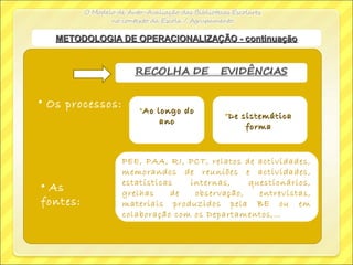 Os processos: •Ao longo doAo longo do
anoano
•De sistemáticaDe sistemática
formaforma
PEE, PAA, RI, PCT, relatos de actividades,
memorandos de reuniões e actividades,
estatísticas internas, questionários,
grelhas de observação, entrevistas,
materiais produzidos pela BE ou em
colaboração com os Departamentos,…
• As
fontes:
METODOLOGIA DE OPERACIONALIZAÇÃO - continuaçãoMETODOLOGIA DE OPERACIONALIZAÇÃO - continuação
 