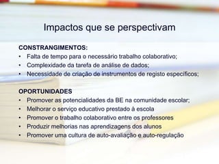Aplicação do modeloRecolha de evidênciasQuestionários aos professores, alunos, pais e encarregados de educaçãoGrelhas de registo de observaçãoChecklistsEstatísticas de utilização dos recursosInformação contida nos documentos estruturantes da actividade da BEPlanificações dos vários grupos disciplinares e outrosRegistos de reuniõesMateriais de apoio ao utilizador produzidos pela equipaTestemunhos escritos de participantes em actividades da BEInquéritos de opinião/satisfaçãoTrabalhos dos alunos.