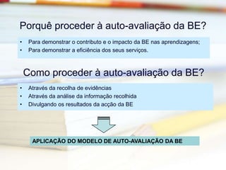 Porquê proceder à auto-avaliação da BE?Para demonstrar o contributo e o impacto da BE nas aprendizagens;Para demonstrar a eficiência dos seus serviços.Como proceder à auto-avaliação da BE?Através da recolha de evidências