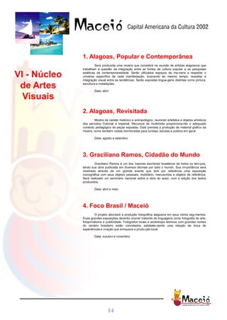 1. Alagoas, Popular e Contemporânea
                       Será produzida uma mostra que consistirá na reunião de artistas alagoanos que
              trabalham a questão da integração entre as fontes de cultura popular e as pesquisas

VI - Núcleo   estéticas da contemporaneidade. Serão utilizados espaços de ma-neira a respeitar o
              universo específico de cada manifestação, buscando ao mesmo tempo, ressaltar a
              integração visual entre as tendências. Serão expostas lingua-gens distintas como pintura,

 de Artes     escultura e instalações.

                      Data: abril

  Visuais
              2. Alagoas, Revisitada
                      Mostra de caráter histórico e antropológico, reunindo artefatos e objetos artísticos
              dos períodos Colonial e Imperial. Recursos de multimídia proporciona-rão o adequado
              contexto pedagógico às peças expostas. Está prevista a produção de material gráfico da
              mostra, como também visitas monitoradas para turistas, escolas e público em geral.

                      Data: agosto e setembro




              3. Graciliano Ramos, Cidadão do Mundo
                      Graciliano Ramos é um dos maiores escritores brasileiros de todos os tem-pos,
              tendo sua obra publicada em diversos idiomas por todo o mundo. Sua im-portância será
              mostrada através de um grande evento que terá por referência uma exposição
              iconográfica com seus objetos pessoais, mobiliário, manuscritos e objetos de referência.
              Será realizado um seminário nacional sobre a obra do autor, com a edição dos textos
              produzidos.

                      Data: abril e maio




              4. Foco Brasil / Maceió
                       O projeto abordará a produção fotográfica alagoana em seus vários seg-mentos.
              Duas grandes exposições deverão ocorrer tratando de linguagens como fotografia de arte,
              fotojornalismo e publicidade. Fotógrafos locais e workshops teóricos com grandes nomes
              do cenário brasileiro estão convidados, estabele-cendo uma relação de troca de
              experiências e criação que enriquece a produ-ção local.

                      Data: outubro e novembro




                                14
 