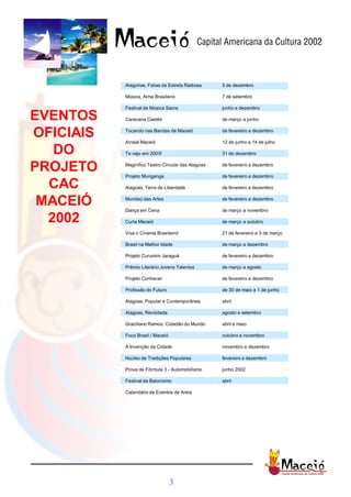 Alagorias, Folias da Estrela Radiosa    5 de dezembro

           Música, Alma Brasileira                 7 de setembro

           Festival de Música Sacra                junho e dezembro

EVENTOS    Caravana Caetés                         de março a junho


OFICIAIS   Tocando nas Bandas de Maceió

           Arraial Maceió
                                                   de fevereiro a dezembro

                                                   12 de junho a 14 de julho

   DO      Te vejo em 2003!                        31 de dezembro


PROJETO    Magnífico Teatro Circular das Alagoas

           Projeto Munganga
                                                   de fevereiro a dezembro

                                                   de fevereiro a dezembro

  CAC      Alagoas, Terra de Liberdade             de fevereiro a dezembro


 MACEIÓ    Mundaú das Artes

           Dança em Cena
                                                   de fevereiro a dezembro

                                                   de março a novembro

  2002     Curta Maceió                            de março a outubro

           Viva o Cinema Brasileiro!               21 de fevereiro a 3 de março

           Brasil na Melhor Idade                  de março a dezembro

           Projeto Curumim Jaraguá                 de fevereiro a dezembro

           Prêmio Literário Jovens Talentos        de março a agosto

           Projeto Conhecer                        de fevereiro a dezembro

           Profissão do Futuro                     de 30 de maio a 1 de junho

           Alagoas, Popular e Contemporânea        abril

           Alagoas, Revisitada                     agosto e setembro

           Graciliano Ramos, Cidadão do Mundo      abril e maio

           Foco Brasil / Maceió                    outubro e novembro

           A Invenção da Cidade                    novembro e dezembro

           Núcleo de Tradições Populares           fevereiro a dezembro

           Prova de Fórmula 3 - Automobilismo      junho 2002

           Festival de Balonismo                   abril

           Calendário de Eventos de Areia




                                  3
 