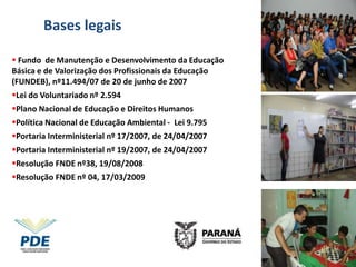 Bases legais

 Fundo de Manutenção e Desenvolvimento da Educação
Básica e de Valorização dos Profissionais da Educação
(FUNDEB), nº11.494/07 de 20 de junho de 2007
Lei do Voluntariado nº 2.594
Plano Nacional de Educação e Direitos Humanos
Política Nacional de Educação Ambiental - Lei 9.795
Portaria Interministerial nº 17/2007, de 24/04/2007
Portaria Interministerial nº 19/2007, de 24/04/2007
Resolução FNDE nº38, 19/08/2008
Resolução FNDE nº 04, 17/03/2009
 