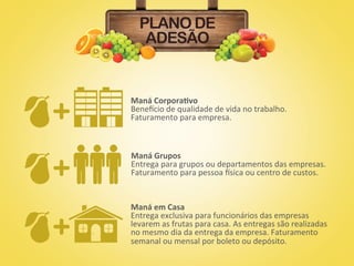 PLANO DE
    ADESÃO


Maná	
  Corpora,vo	
  
Bene9cio	
  de	
  qualidade	
  de	
  vida	
  no	
  trabalho.	
  
Faturamento	
  para	
  empresa.	
  



Maná	
  Grupos	
  
Entrega	
  para	
  grupos	
  ou	
  departamentos	
  das	
  empresas.	
  
Faturamento	
  para	
  pessoa	
  9sica	
  ou	
  centro	
  de	
  custos.	
  


Maná	
  em	
  Casa	
  
Entrega	
  exclusiva	
  para	
  funcionários	
  das	
  empresas	
  
levarem	
  as	
  frutas	
  para	
  casa.	
  As	
  entregas	
  são	
  realizadas	
  
no	
  mesmo	
  dia	
  da	
  entrega	
  da	
  empresa.	
  Faturamento	
  
semanal	
  ou	
  mensal	
  por	
  boleto	
  ou	
  depósito.	
  
 