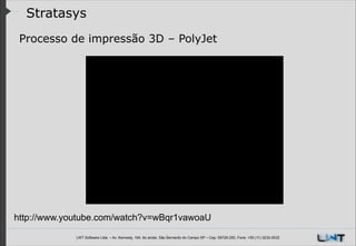 Stratasys
Processo de impressão 3D – PolyJet
!

http://www.youtube.com/watch?v=wBqr1vawoaU
LWT Software Ltda. – Av. Kennedy, 164. 6o andar, São Bernardo do Campo SP – Cep: 09726-250, Fone: +55 (11) 3232-0532

 