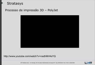 Stratasys
Processo de impressão 3D – PolyJet
!

http://www.youtube.com/watch?v=nadhMrI4sYQ
LWT Software Ltda. – Av. Kennedy, 164. 6o andar, São Bernardo do Campo SP – Cep: 09726-250, Fone: +55 (11) 3232-0532

 