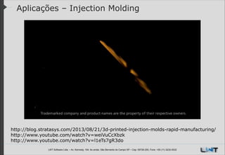 Aplicações – Injection Molding

http://blog.stratasys.com/2013/08/21/3d-printed-injection-molds-rapid-manufacturing/
http://www.youtube.com/watch?v=weiVuCcXbzk
http://www.youtube.com/watch?v=l1eTs7gR3do
LWT Software Ltda. – Av. Kennedy, 164. 6o andar, São Bernardo do Campo SP – Cep: 09726-250, Fone: +55 (11) 3232-0532

 