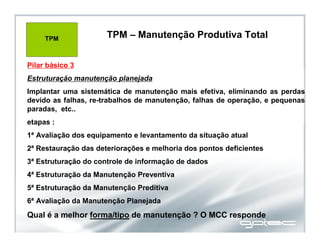 TPM – Manutenção Produtiva Total
Pilar básico 3
Estruturação manutenção planejada
Implantar uma sistemática de manutenção mais efetiva, eliminando as perdas
devido as falhas, re-trabalhos de manutenção, falhas de operação, e pequenas
paradas, etc..
etapas :
1ª Avaliação dos equipamento e levantamento da situação atual
2ª Restauração das deteriorações e melhoria dos pontos deficientes
3ª Estruturação do controle de informação de dados
4ª Estruturação da Manutenção Preventiva
5ª Estruturação da Manutenção Preditiva
6ª Avaliação da Manutenção Planejada
Qual é a melhor forma/tipo de manutenção ? O MCC responde
TPM TPM – Manutenção Produtiva Total
 