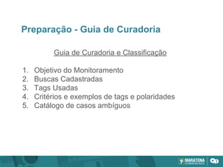 Preparação - Guia de Curadoria
Guia de Curadoria e Classificação
1. Objetivo do Monitoramento
2. Buscas Cadastradas
3. Tags Usadas
4. Critérios e exemplos de tags e polaridades
5. Catálogo de casos ambíguos
 