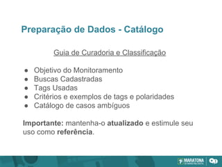 Preparação de Dados - Catálogo
Guia de Curadoria e Classificação
● Objetivo do Monitoramento
● Buscas Cadastradas
● Tags Usadas
● Critérios e exemplos de tags e polaridades
● Catálogo de casos ambíguos
Importante: mantenha-o atualizado e estimule seu
uso como referência.
 