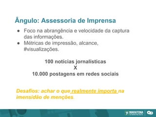 Ângulo: Assessoria de Imprensa
● Foco na abrangência e velocidade da captura
das informações.
● Métricas de impressão, alcance,
#visualizações.
100 notícias jornalísticas
X
10.000 postagens em redes sociais
Desafios: achar o que realmente importa na
imensidão de menções.
 
