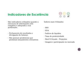 Indicadores de Excelência
Índices mais Utilizados
• ROI
• EVA
• Índices de liquidez
• Taxa de produtividade
• Real X Orçado - Projeções
• Imagem e participação no mercado
São indicadores utilizados quando a
estrutura de informações está
completa e adequada a sua
publicação.
• Fechamento de resultados e
divulgação do balanço
• Não possuir pendencias que
permitam lançamentos retroativos
 