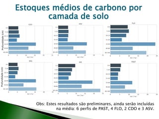 Estoques médios de carbono por
camada de solo
Obs: Estes resultados são preliminares, ainda serão incluídas
na média: 6 perfis de PAST, 4 FLO, 2 CDO e 3 ASV.
Profundidade(cm)Profundidade(cm)
 