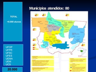Municípios atendidos: 80 TOTAL  +8.000 alunos UFOP UFPR UFSC UFES UEMA UEM UCS 20.000 