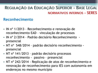 Reconhecimento
• IN nº 1/2013 – Reconhecimento e renovação de
reconhecimento EAD – vinculação de processos
• IN nº 2/2014 – Padrão decisório Reconhecimento -
presencial
• NT nº 548/2014 – padrão decisório reconhecimento -
presencial
• NT nº 141/2013 – padrão decisório processos
reconhecimento - passivo – presencial
• NT nº 242/2014 - Replicação de atos de reconhecimento e
renovação de reconhecimento para IES com autonomia em
endereços no mesmo município
REGULAÇÃO DA EDUCAÇÃO SUPERIOR - BASE LEGAL
NORMATIVOS INTERNOS - SERES
 