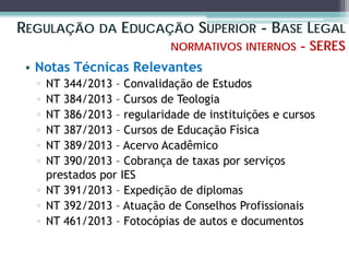 REGULAÇÃO DA EDUCAÇÃO SUPERIOR - BASE LEGAL
NORMATIVOS INTERNOS - SERES
• Notas Técnicas Relevantes
▫ NT 344/2013 – Convalidação de Estudos
▫ NT 384/2013 – Cursos de Teologia
▫ NT 386/2013 – regularidade de instituições e cursos
▫ NT 387/2013 – Cursos de Educação Física
▫ NT 389/2013 – Acervo Acadêmico
▫ NT 390/2013 – Cobrança de taxas por serviços
prestados por IES
▫ NT 391/2013 – Expedição de diplomas
▫ NT 392/2013 – Atuação de Conselhos Profissionais
▫ NT 461/2013 – Fotocópias de autos e documentos
 
