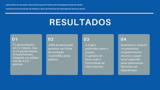 71 apresentações,
em 11 cidades, mais
as 13 apresentações
virtuais/híbridas,
atingindo um público
alvo de 3.313
pessoas.
100% de devoluções
positivas nas Fichas
de Avaliação
respondidas pelas
plateias
2 artigos
publicados sobre o
projeto.
2 capítulos de
livros onde o
Comunidade de
Fala é descrito.
Qualitativos: impacto
na autoestima,
empoderamento,
recovery e papel
social adquirido
pelos palestrantes
(docentes por
experiências)
 