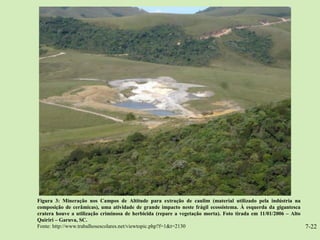 Figura 3: Mineração nos Campos de Altitude para extração de caulim (material utilizado pela indústria na
composição de cerâmicas), uma atividade de grande impacto neste frágil ecossistema. À esquerda da gigantesca
cratera houve a utilização criminosa de herbicida (repare a vegetação morta). Foto tirada em 11/01/2006 – Alto
Quiriri – Garuva, SC.
Fonte: http://www.trabalhosescolares.net/viewtopic.php?f=1&t=2130                                              7-22
 