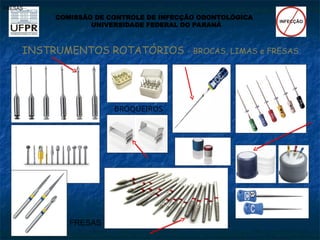 INSTRUMENTOS ROTATÓRIOS - BROCAS, LIMAS e FRESAS
COMISSÃO DE CONTROLE DE INFECÇÃO ODONTOLÓGICA
UNIVERSIDADE FEDERAL DO PARANÁ
FRESAS
FRESAS
BROQUEIROS
 