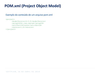 POM.xml (Project Object Model)
Exemplo do conteúdo de um arquivo pom.xml
<project>
<modelVersion>4.0.0</modelVersion>
<groupId>br.com.caelum</groupId>
<artifactId>teste</artifactId>
<version>1.0</version>
</project>
S O F T P L A N , 1 6 D E A B R I L D E 2 0 1 4
 