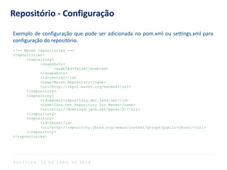 Repositório - Configuração
Exemplo de configuração que pode ser adicionada no pom.xml ou settings.xml para
configuração do repositório.
<!-- Maven repositories -->
<repositories>
<repository>
<snapshots>
<enabled>false</enabled>
</snapshots>
<id>central</id>
<name>Maven Repository</name>
<url>http://repo1.maven.org/maven2</url>
</repository>
<repository>
<id>maven2-repository.dev.java.net</id>
<name>Java.net Repository for Maven</name>
<url>http://download.java.net/maven/2/</url>
</repository>
<repository>
<id>jboss</id>
<url>http://repository.jboss.org/nexus/content/groups/public-jboss/</url>
</repository>
</repositories>
S O F T P L A N , 1 6 D E A B R I L D E 2 0 1 4
 