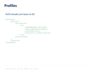 Profiles
Perfil ativado com base no SO.
<profiles>
<profile>
<activation>
<os>
<name>Windows XP</name>
<family>Windows</family>
<arch>x86</arch>
<version>5.1.2600</version>
</os>
</activation>
...
</profile>
</profiles>
S O F T P L A N , 1 6 D E A B R I L D E 2 0 1 4
 