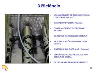 3.Eficiência

      •   VOLUME MÍNIMO DE ENCHIMENTO 550
          LITROS POR MÓDULO

      •   OVERFLOW SYSTEM ( Patented )

      •   CONTRA CORRENTE FORÇADA E
          NATURAL

      •   CILINDROS EM FORMA DE ESTRELA

      •   3 RECIRCULAÇÕES DE BANHO POR
          MINUTO

      •   SISTEMA BUBBLE-JET A AR ( Patented)

      •   TENSÃO DE TECIDO REGULADA POR
          CÉLULA DE CARGA

      •   FILTROS PARA TRANSBORDAMENTO


                                                10
 