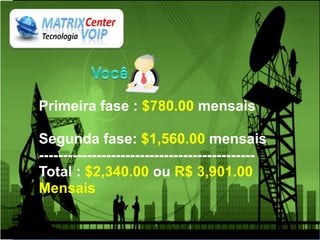 Primeira fase : $780.00 mensais

Segunda fase: $1,560.00 mensais
---------------------------------------------
Total : $2,340.00 ou R$ 3,901.00
Mensais
 