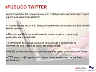 # PÚBLICO TWITTER A empresa Bullet fez uma pesquisa com 3.268 usuários do Twitter para traçar o perfil dos usuários brasileiros: ●  Jovens/adultos de 21 a 30 anos, principalmente dos estados de São Paulo e Rio de Janeiro; ●  Pessoas qualificadas, estudantes de ensino superior e pessoas já graduadas na universidade; ●  Formadores de opinião, a maioria possui blogs e compartilha as informações que recebe no twitter em outras redes; ●  53,6% dos entrevistados acham interessante ações publicitárias no Twitter; ●  70% segue ou já seguiu perfis de empresas, eventos ou campanhas publicitárias; 