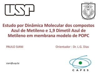Estudo por Dinâmica Molecular dos compostos
Azul de Metileno e 1,9 Dimetil Azul de
Metileno em membrana modelo de POPC
PAULO SIANI

siani@usp.br

Orientador : Dr. L.G. Dias

 