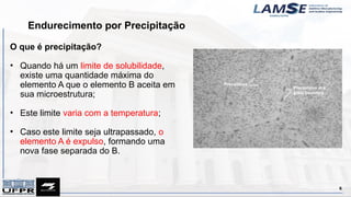 Endurecimento por Precipitação
6
O que é precipitação?
• Quando há um limite de solubilidade,
existe uma quantidade máxima do
elemento A que o elemento B aceita em
sua microestrutura;
• Este limite varia com a temperatura;
• Caso este limite seja ultrapassado, o
elemento A é expulso, formando uma
nova fase separada do B.
 