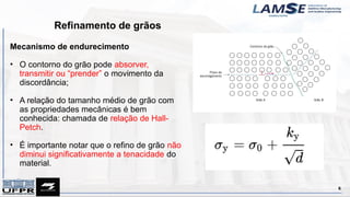 Refinamento de grãos
6
Mecanismo de endurecimento
• O contorno do grão pode absorver,
transmitir ou “prender” o movimento da
discordância;
• A relação do tamanho médio de grão com
as propriedades mecânicas é bem
conhecida: chamada de relação de Hall-
Petch.
• É importante notar que o refino de grão não
diminui significativamente a tenacidade do
material.
 