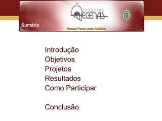 Sumário




          Introdução
          Objetivos
          Projetos
          Resultados
          Como Participar

          Conclusão
 